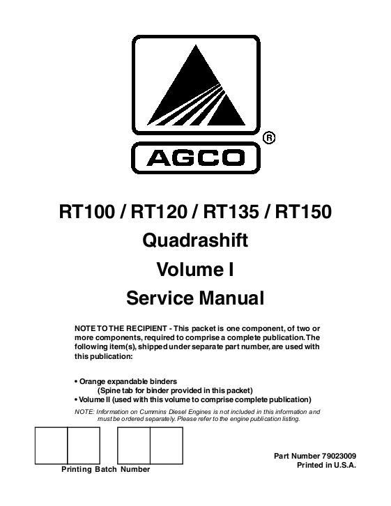 AGCO RT100 RT120 RT135 RT150 Tractor (Quadrashift, Vol 1) Service Manual 79023009 English