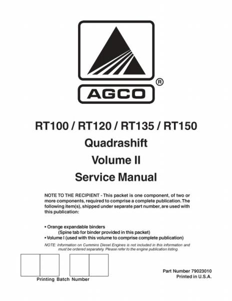 AGCO RT100 RT120 RT135 RT150 Tractor (Quadrashift, vol. 2) Service Manual 79023010 English