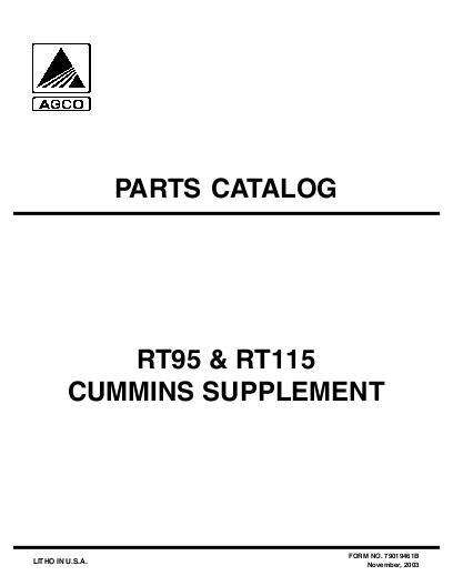 AGCO RT115 RT95 Tractor (Cummins engine supplement) Parts Book 79019461B English