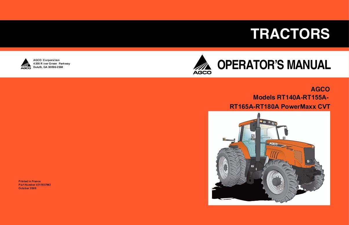 AGCO RT140A RT155A RT165A RT180A Tractor (PowerMaxx CVT, tier 3) Operator Manual 4315057M2 English