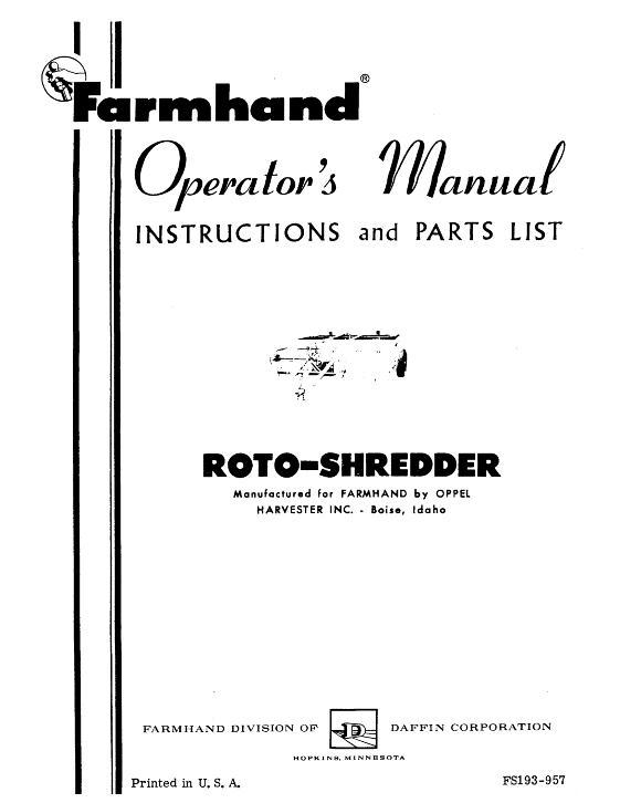 AGCO Roto-Shredder (Oppel, 1957) Operator Manual FS193957 English