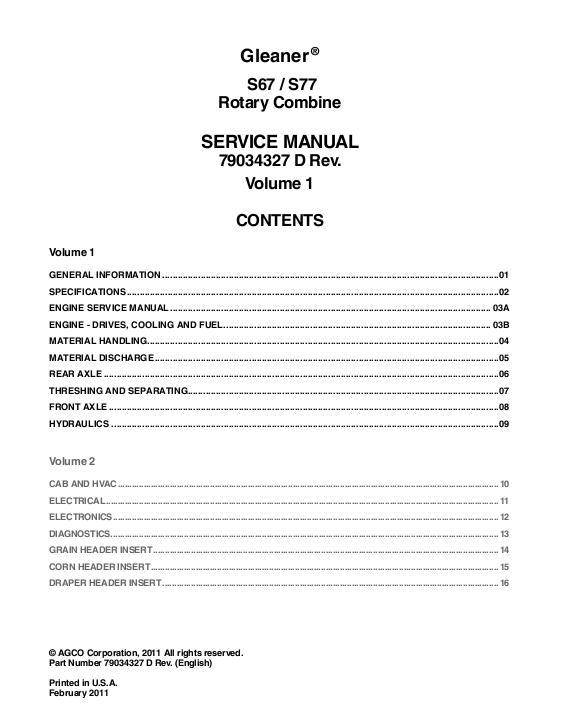 AGCO S67 S77 Combine (packet) Service Manual 79034327D English