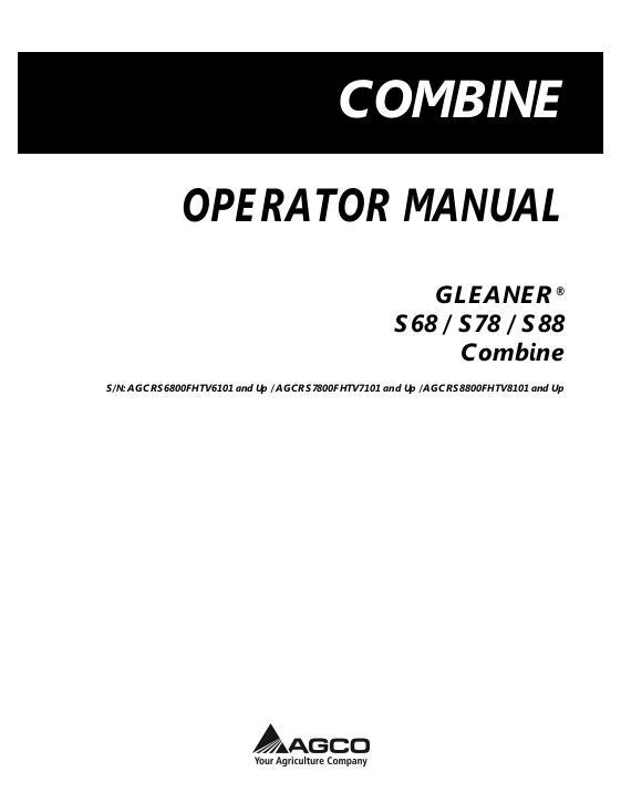 AGCO S68 S78 S88 Combine (tier 4) Operator Manual 71464162E English