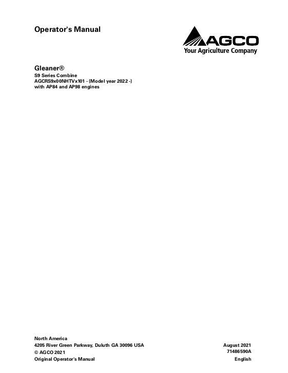 AGCO S96 S97 S98 Combine (not tier 4, eff sn NHTVx101, 2022) Operator Manual 71486590A English