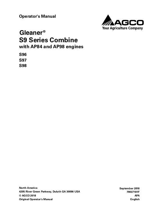 AGCO S96 S97 S98 Combine (not tier 4, prior to sn NHTVx101) Operator Manual 79037181F English
