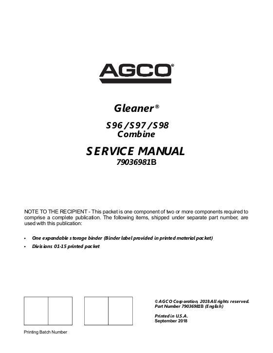 AGCO S96 S97 S98 Combine (packet) Service Manual 79036981B English