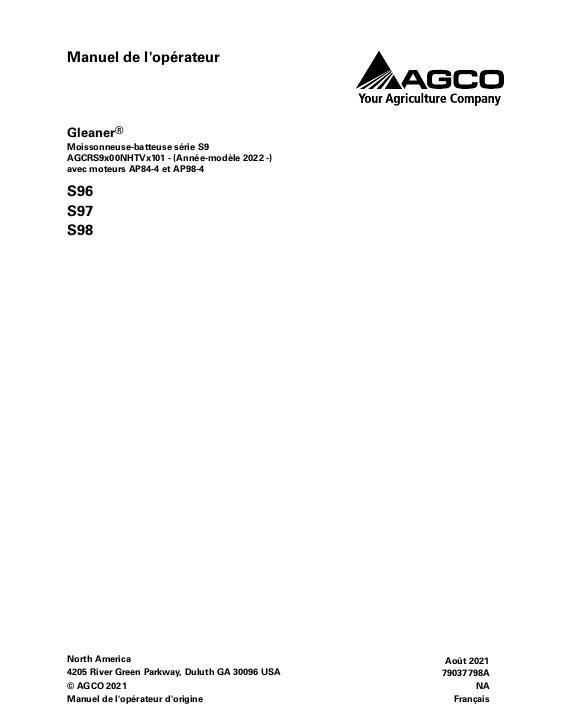AGCO S96 S97 S98 Combine (tier 4, eff sn HTVx101, 2022) Operator Manual 79037798A French