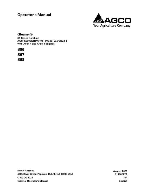 AGCO S96 S97 S98 Combine (tier 4, eff sn NHTVx101, 2022) Operator Manual 71486587A English