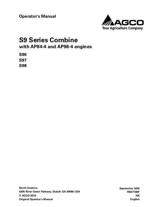 AGCO S96 S97 S98 Combine (tier 4, prior to sn NHTVx101) Operator Manual 79037180F English