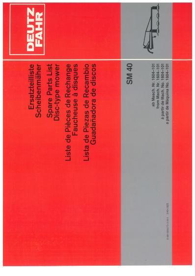 AGCO SM40 Disc Mower Parts Book 2951068 Multiple