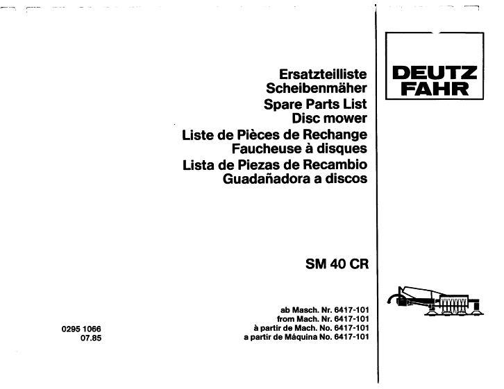 AGCO SM40CR Disc Mower Parts Book 2951066 English