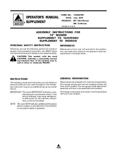 AGCO SM72 Mower (assembly supplement) Operator Manual 1449527m1 English
