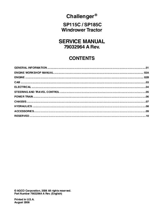 AGCO SP115C SP185C Windrower (packet) Service Manual 79032964A English