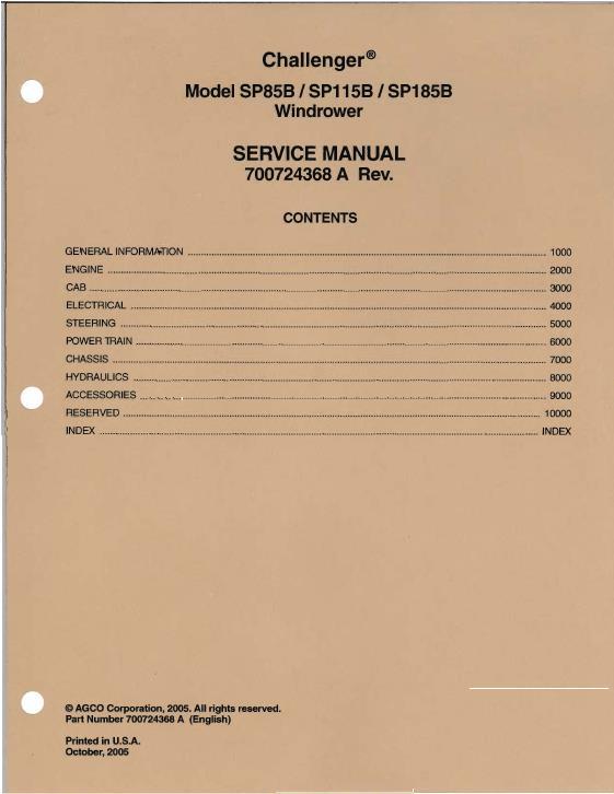 AGCO SP85B SP115B SP185B Windrower (packet) Service Manual 700724368A English