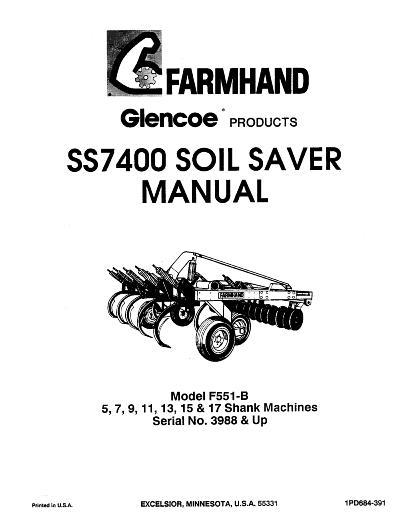 AGCO SS7400 F551-B Soil Saver (eff sn 3988, 1991) Operator Manual 1PD684391 English