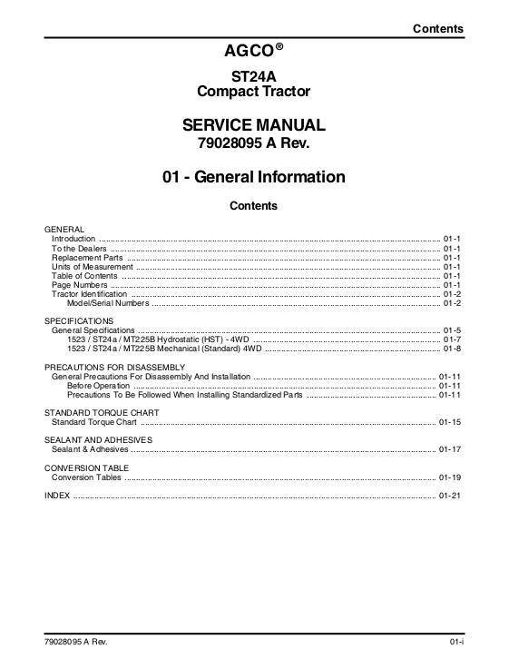 AGCO ST24A Compact Tractor (packet) Service Manual 79028095A English