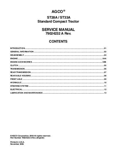 AGCO ST28A ST33A Compact Tractor (std trans) (packet) Service Manual 79024232A English