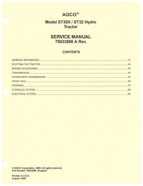 AGCO ST30X ST32 Compact Tractor (hydro trans) (packet) Service Manual 79023898A English