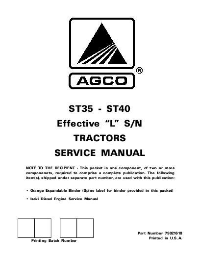 AGCO ST35 ST40 Compact Tractor (eff sn 'L') (packet) Service Manual 79021618 English