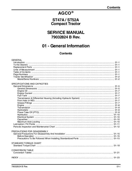AGCO ST47A ST52A Compact Tractor (packet) Service Manual 79032824B English