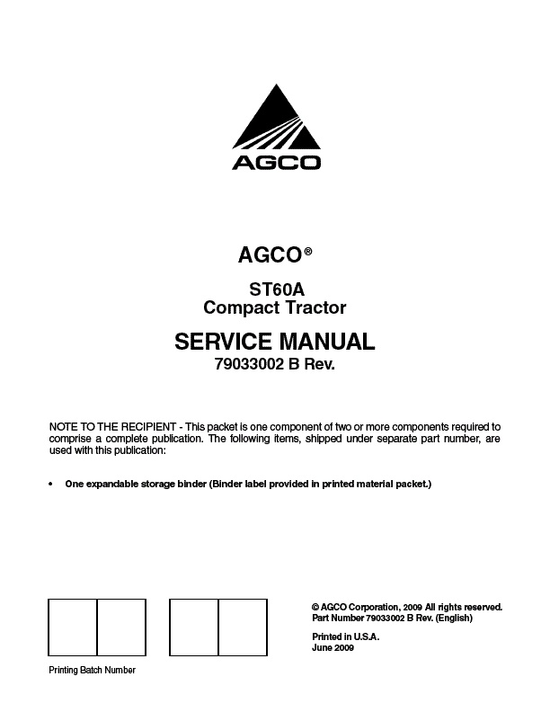 AGCO ST60A Compact Tractor Service Manual 79033002B English