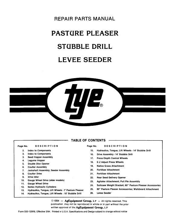 AGCO Series 3 & 4 Pasture Pleaser Stubble Drill Levee Seeder Parts Book 000-120R8 English
