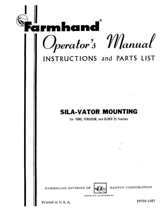 AGCO Sila-Vator Mount (for Ford, Ferguson & Oliver 55 Tractor, 1957) Operator Manual FS7501057 English