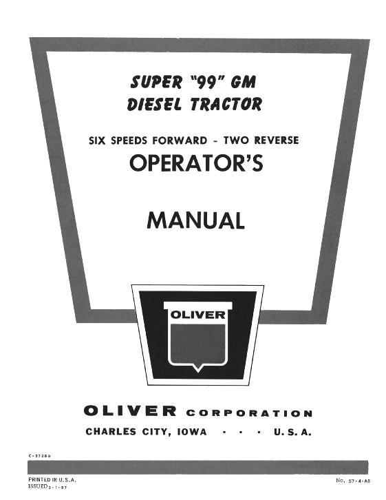 AGCO Super 99 Tractor (GM diesel) Operator Manual WS74A8 English