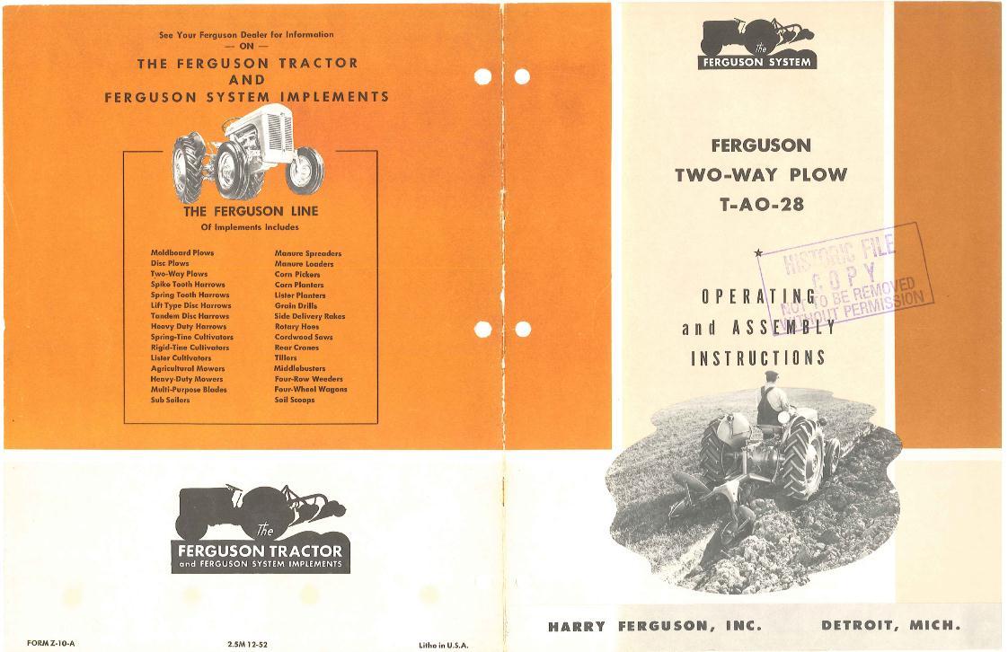 AGCO T-AO-28 Two-Way Plow Operator Manual Z-10-A English
