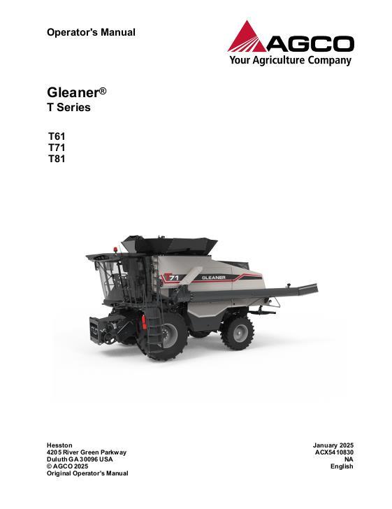 AGCO T61 T71 T81 GLEANER COMBINE Operator Manual ACX5410830 English