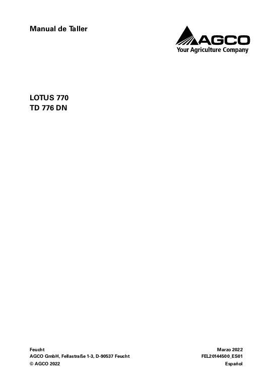 AGCO TD776 Lotus 770 Tedder Service Manual FEL20144500_ES01 Spanish