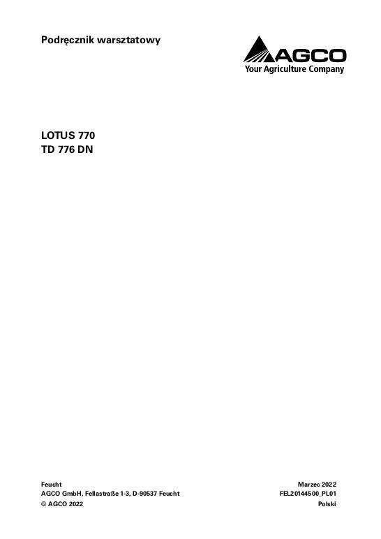 AGCO TD776 Lotus 770 Tedder Service Manual FEL20144500_PL01 Polish