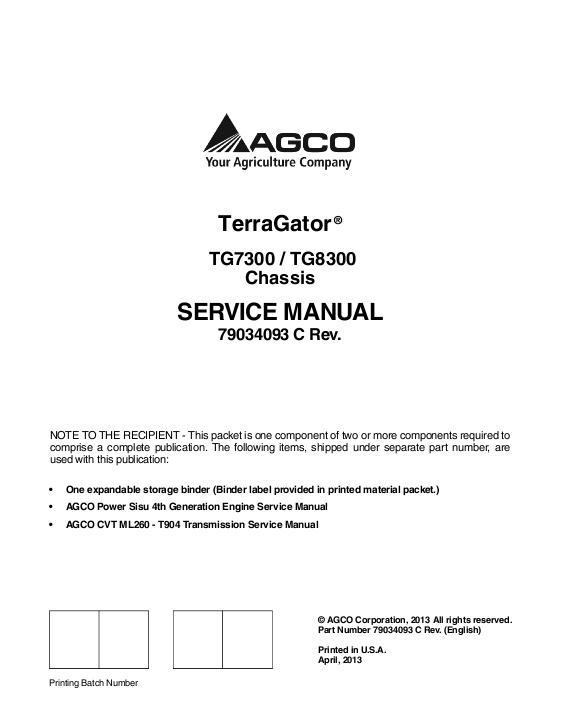 AGCO TG7300 TG8300 TerraGator (chassis, 2013) (packet) Service Manual 79034093C English