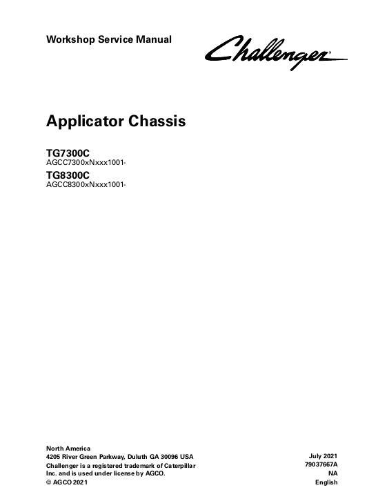 AGCO TG7300C TG8300C TerraGator (chassis, eff Nxxx1001) (packet) Service Manual 79037667A English