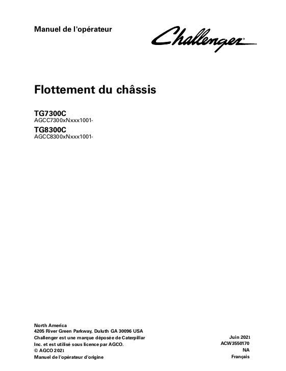AGCO TG7300C TG8300C TerraGator (chassis, tier 4f, eff Nxxx1001) Operator Manual ACW3550170 French