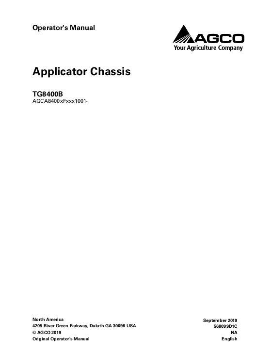 AGCO TG8400B TerraGator (chassis, eff sn Fxxx1001, 2015) Operator Manual 568099D1C English