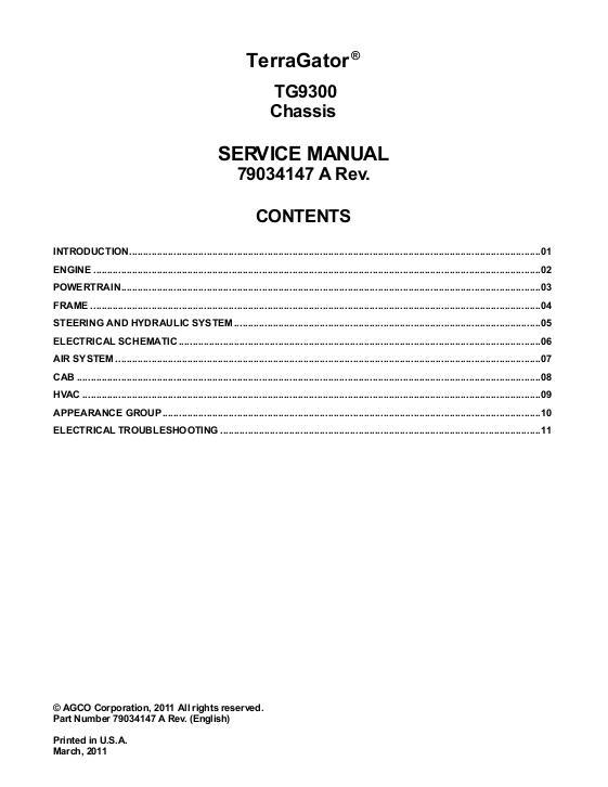 AGCO TG9300 TerraGator (chassis) (packet) Service Manual 79034147A English