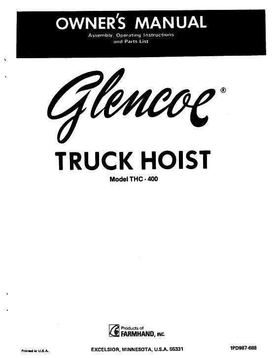 AGCO THC-400 Truck Hoist (1988) Operator Manual 1PD987688 English