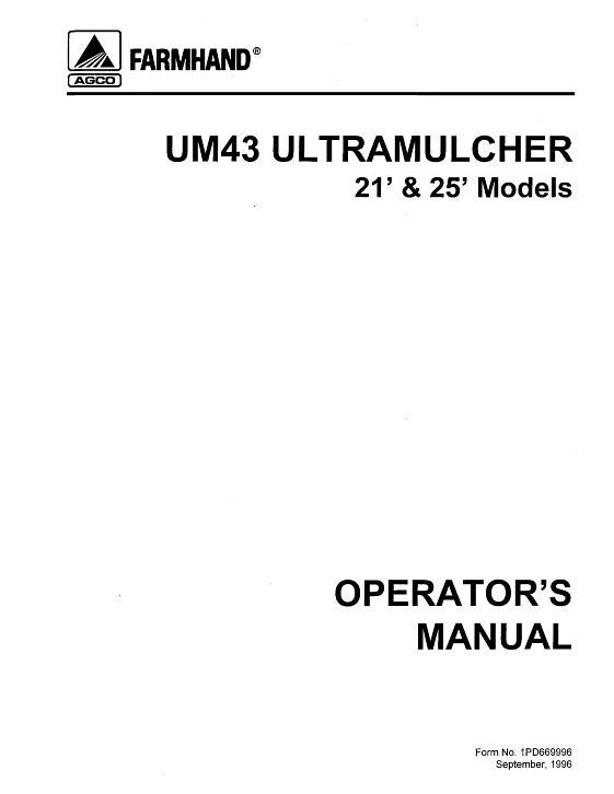 AGCO UM43 Ultramulcher (21 ft & 25 ft, 1996) Operator Manual 1PD669996 English