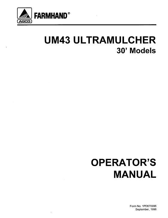 AGCO UM43 Ultramulcher (30 ft, 1996) Operator Manual 1PD670996 English