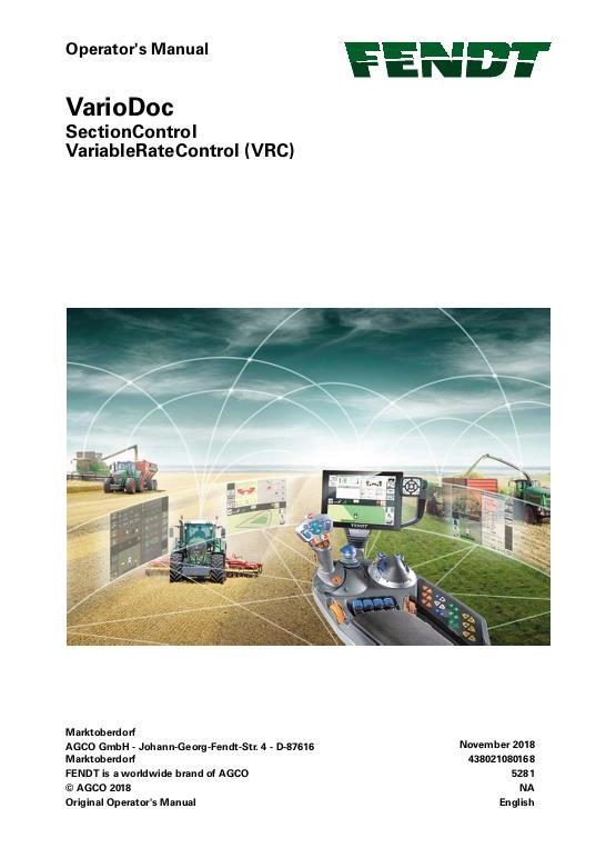 AGCO VarioDoc Vario Doc Section Variable Rate Control (VRC) Operator Manual 72650892 English