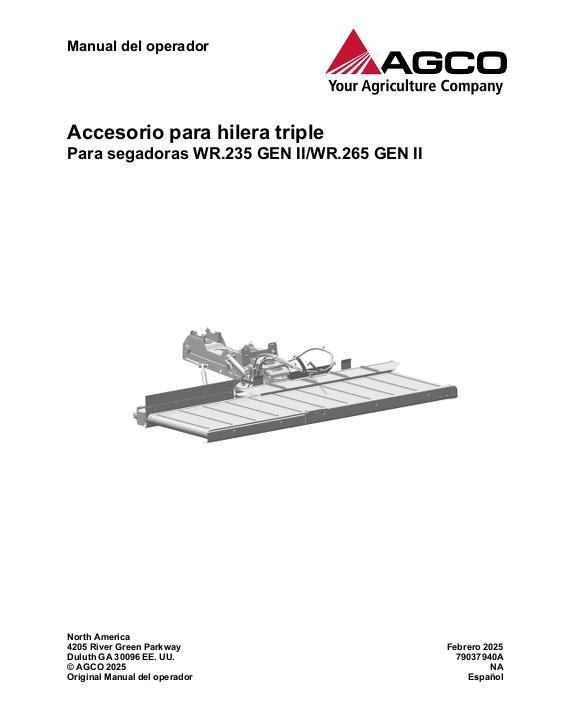 AGCO WR.235 WR.265 GEN II TRIPLE WINDROW ATTACHMENT Operator Manual 79037940A Spanish
