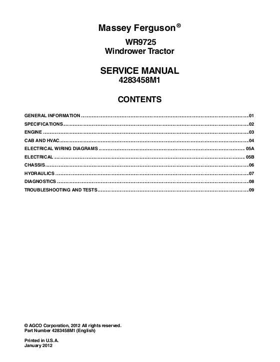 AGCO WR9725 Windrower Tractor (packet) Service Manual 4283458M1 English