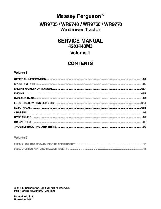 AGCO WR9735 WR9740 WR9760 WR9770 Windrower Tractor (packet) Service Manual 4283443M3 English