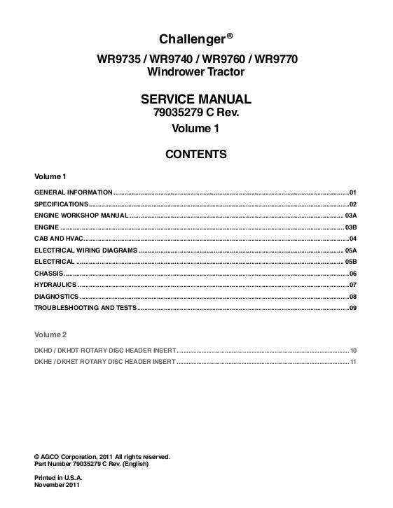 AGCO WR9735 WR9740 WR9760 WR9770 Windrower (packet) Service Manual 79035279C English