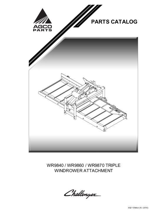 AGCO WR9840 WR9860 WR9870 Triple Windrow Attachment Parts Book 652113NAA English