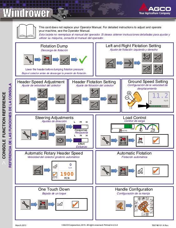 AGCO WR9840 WR9860 WR9870 Windrower Quick Start Guide Operator Manual 700748101A Multiple