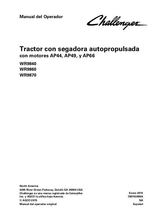 AGCO WR9840 WR9860 WR9870 Windrower Tractor Operator Manual 700743805A Spanish
