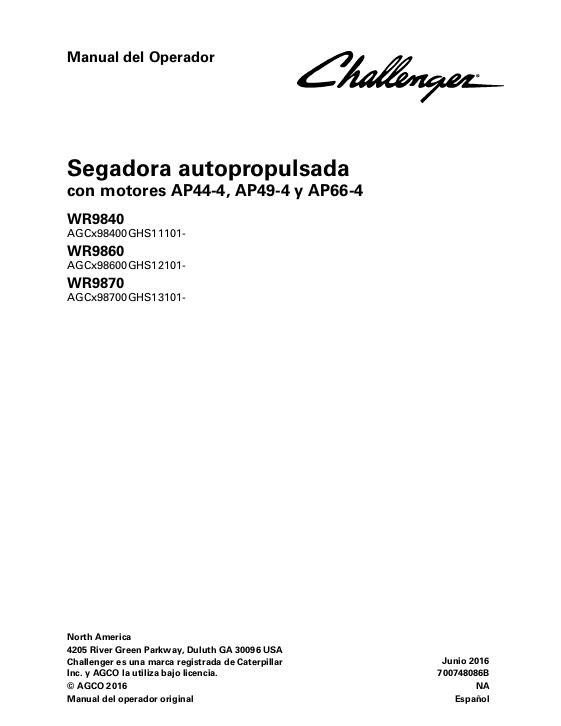 AGCO WR9840 WR9860 WR9870 Windrower Tractor (eff sn GHS1x101) Operator Manual 700748086B Spanish