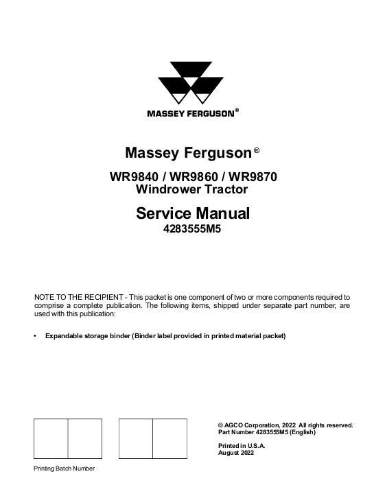 AGCO WR9840 WR9860 WR9870 Windrower Tractor (packet) Service Manual 4283555M5 English